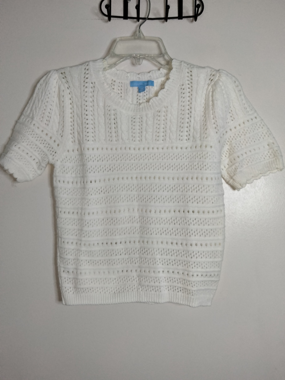 Draper James (Size XS) Ivory Cream Pointelle Stretch Knit Crewneck SS Sweater